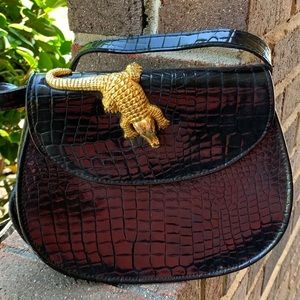 RARE FIND Elegant Black Crocodile Pattern Crossbody Bag with Gold Accent vintage